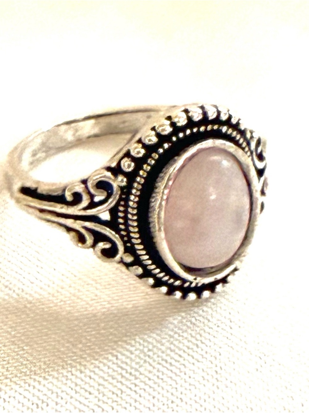 Pale Pink Rose Quartz Ring with Scrollwork Vintage Boho Ornate Statement Sz 4.5